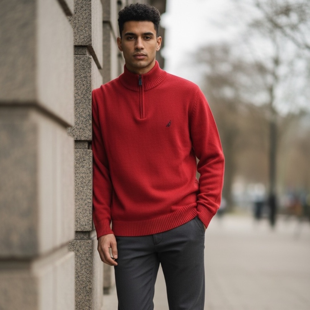 Nautica 100% Cotton Men’s Quarter Zip Pull Over Knit Red Sweater Size S